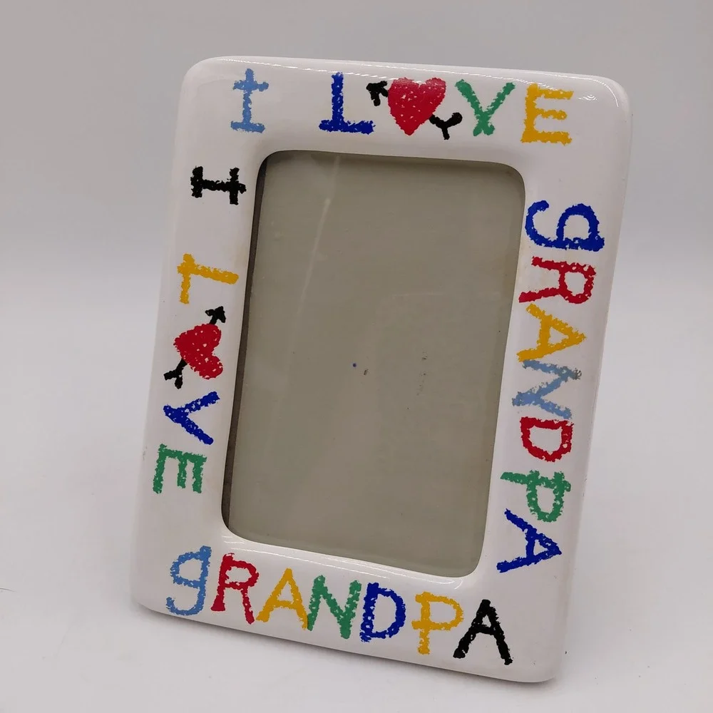 Vintage 1988 LVC I Love Grandpa Ceramic Picture Frame White Colorful Hearts 7x5